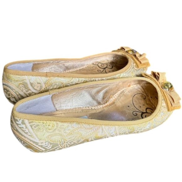 Lovely People Alpinia Brocade Ballet Flats, Ribbon Bow and Jewel - Gold/Tan - 9 - Picture 4 of 14